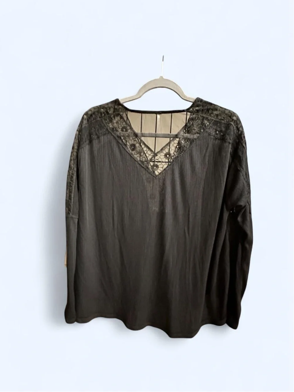 Free People Black Lace-Detail Long Sleeve V-Neck Top